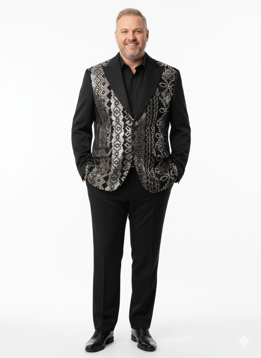 Mens Black and White and Silver Sequin Embroidered Blazer Luxury Designer Party Wear with Geometric Detailing