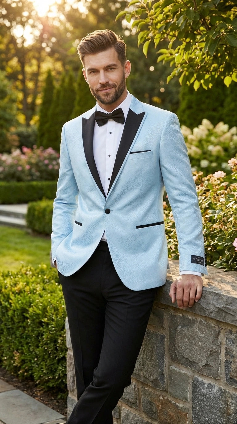 Men’s Baby Blue Tuxedo Blazer with Black Lapel – Formal Dinner Jacket for Wedding, Prom and Evening Events  in Sky Light Blue Color - 34 Short or Extra Small