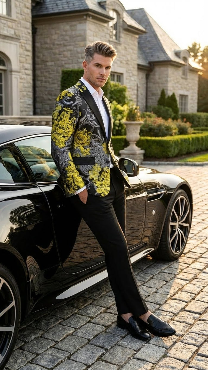 Mens Yellow Tuxedo Black and Gold Floral Pattern Blazer | Formal Jacket - Prom Dinner Jacket + Black Pants + Bowtie