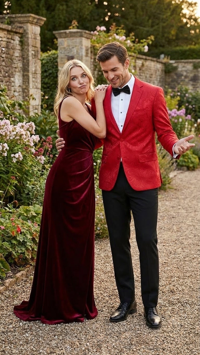 Mens Red Paisley Velvet Blazer - Christmas new year Sport Coat Jacket - Prom 2026 Collection