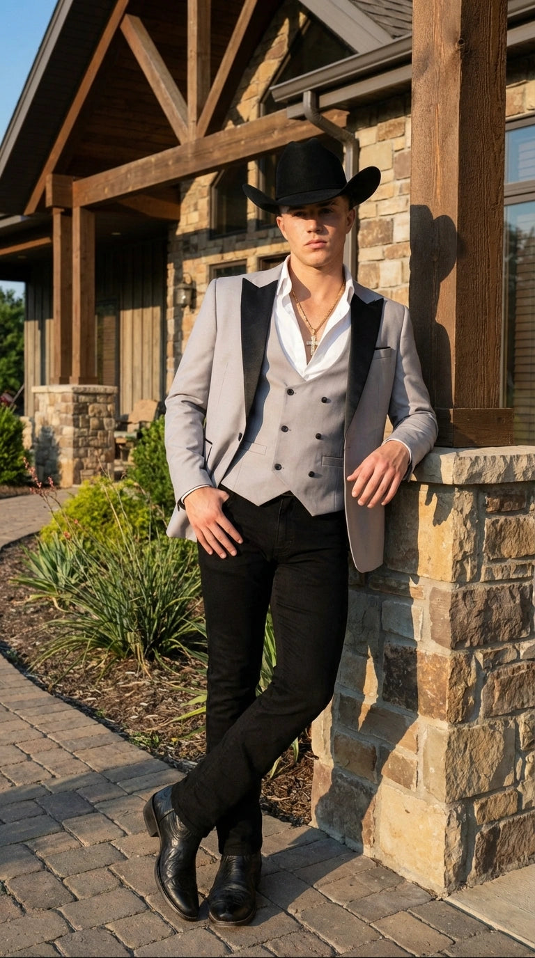 Men’s Light Gray Cowboy Tuxedo with Black Satin Lapel – Western Formal Suit with Double Breasted Vest - 34 Short or Extra Small