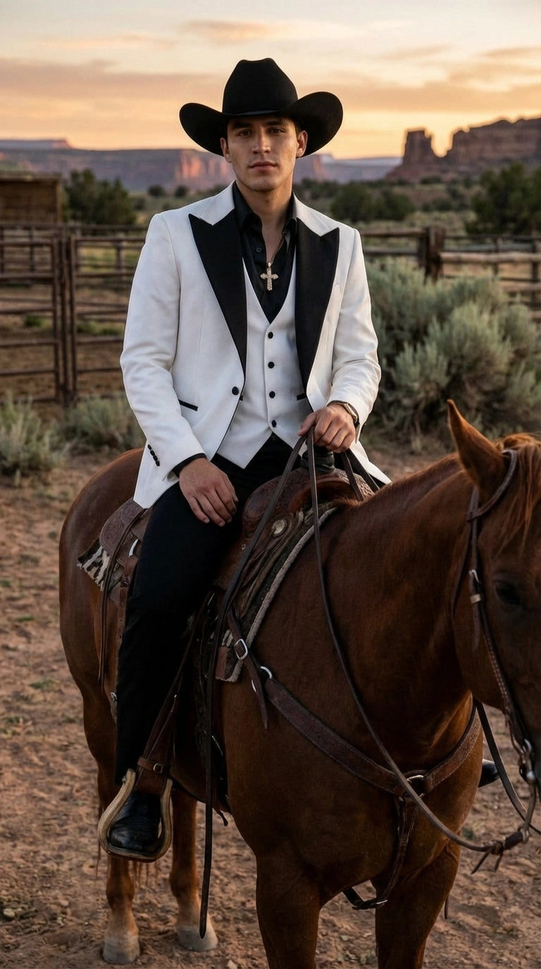 Men’s White Cowboy Tuxedo with Black Satin Lapel – Western Formal Suit with Matching Vest - 34 Short or Extra Small