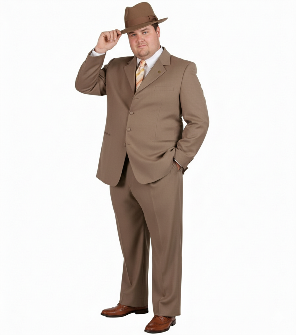 Men’s 1920s Tan Zoot Suit with Fedora Hat and Wingtip Shoes – Vintage Gangster 3-Piece Long Jacket Suit - 34 Short or Extra Small