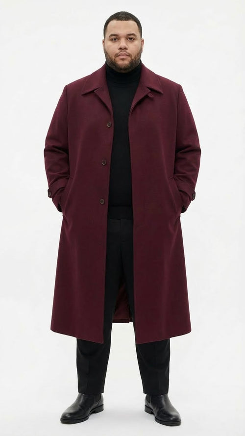 Mens Full-Length Burgundy Overcoat - Microfiber 4 season fabric  Long Formal Coat with Classic Tailored Maxi Duster Coat