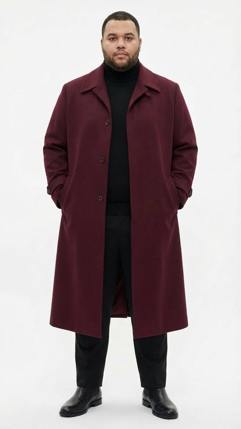 Mens Full-Length Burgundy Overcoat - Microfiber 4 season fabric  Long Formal Coat with Classic Tailored Maxi Duster Coat - Coat Size 38