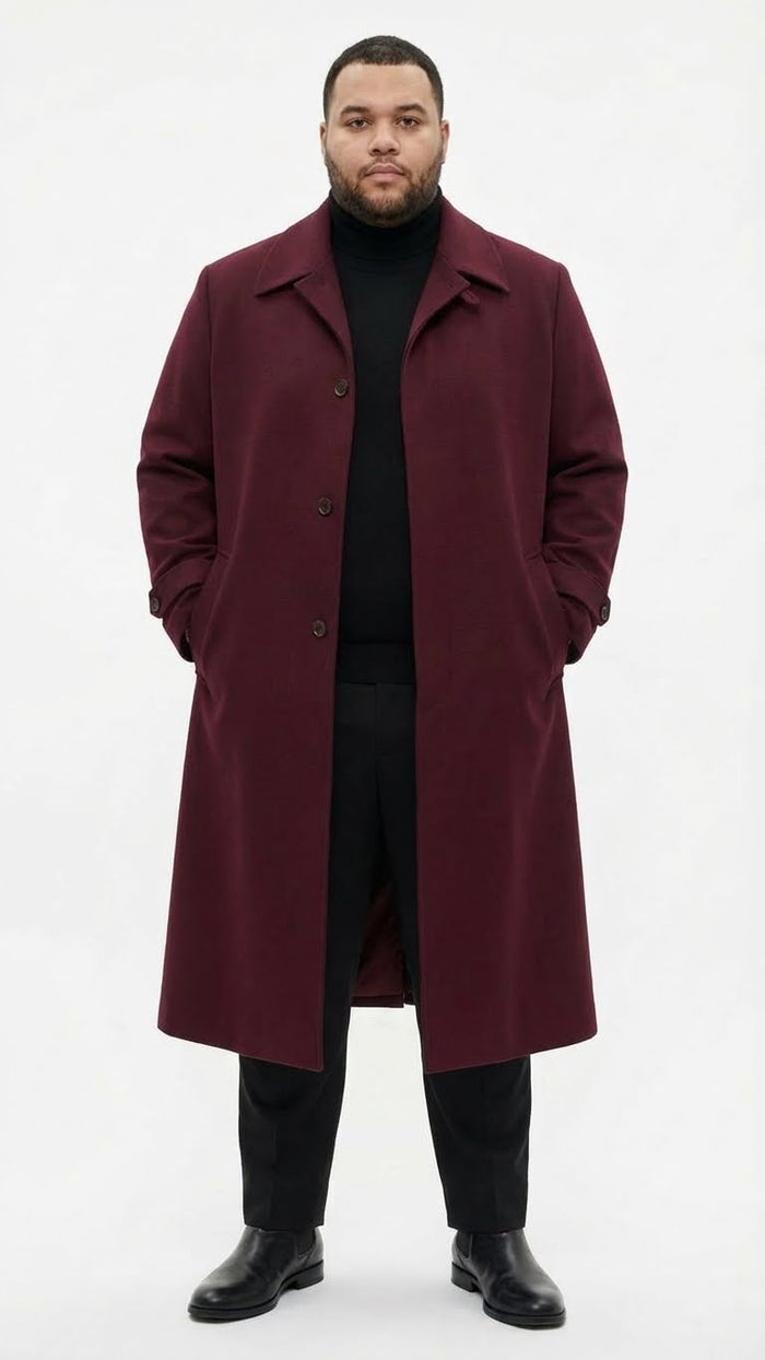 Mens Full-Length Burgundy Overcoat - Microfiber 4 season fabric  Long Formal Coat with Classic Tailored Maxi Duster Coat