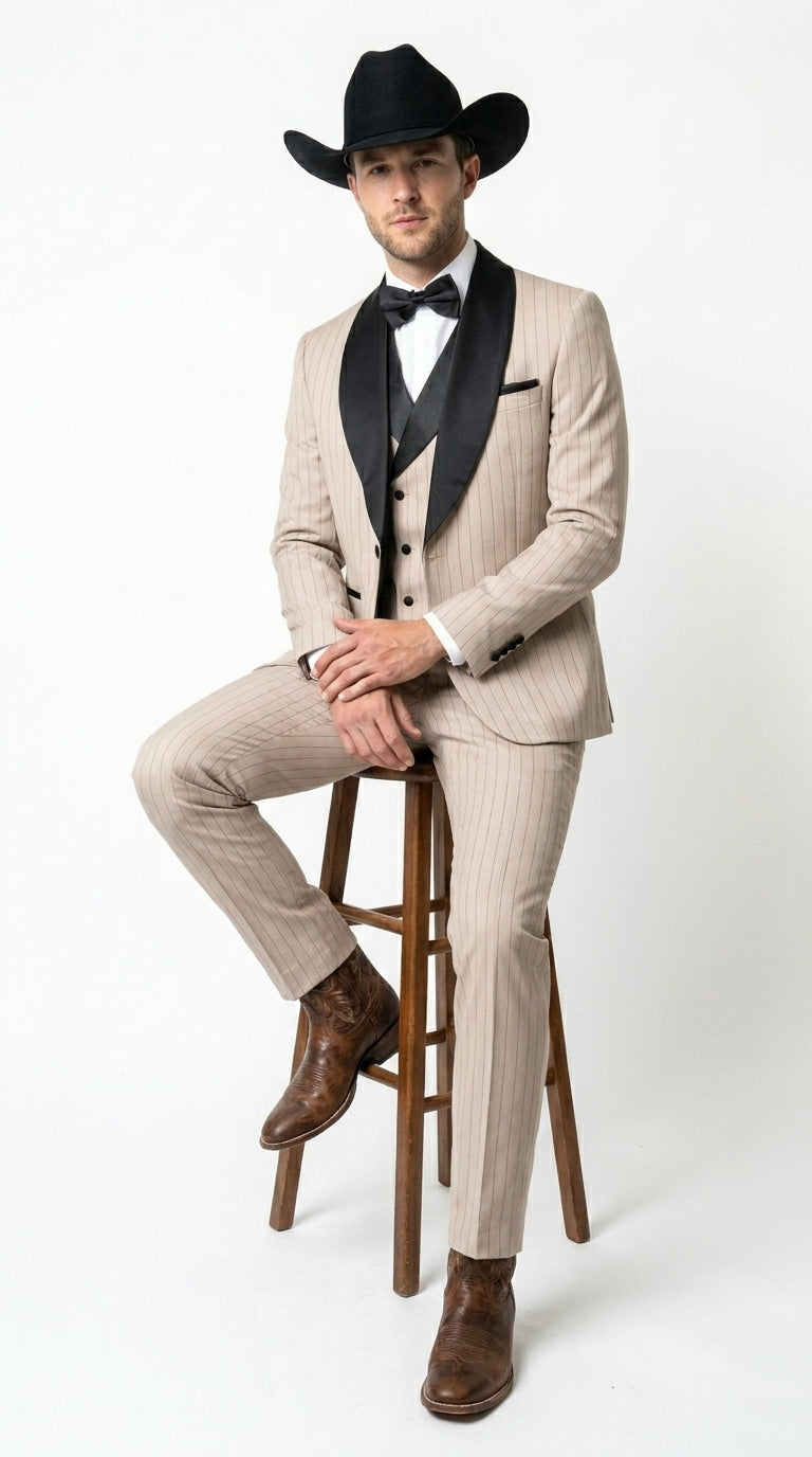 Men’s Beige Pinstripe Western 3 Piece Tuxedo Suit with Black Shawl Lapel, Formal Cowboy Wedding Prom Suit in Tan Khaki Color - 34 Short or Extra Small