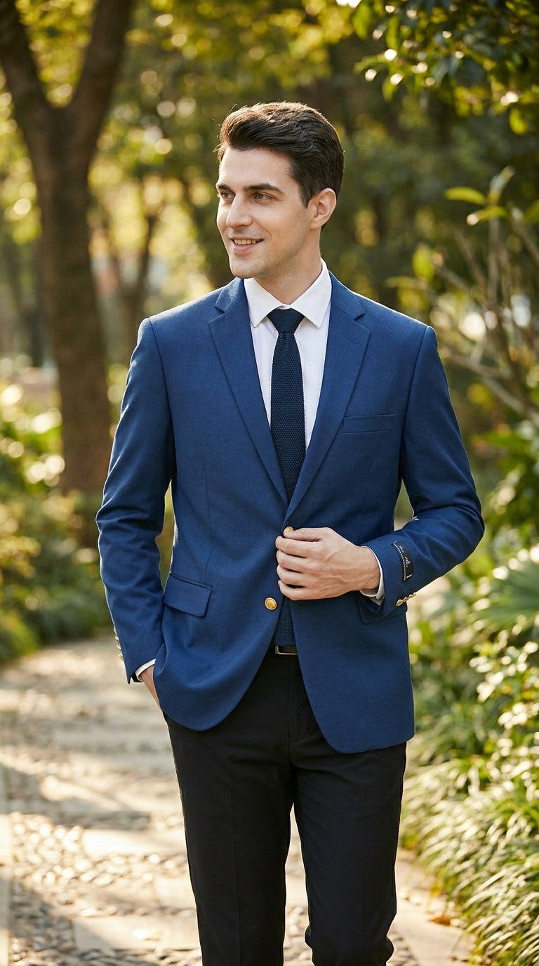 Men’s Sapphire Indigo Cobalt Blue Blazer with Gold Buttons – Classic Single Breasted Formal Business Jacket for Office, Wedding - 36 Short
