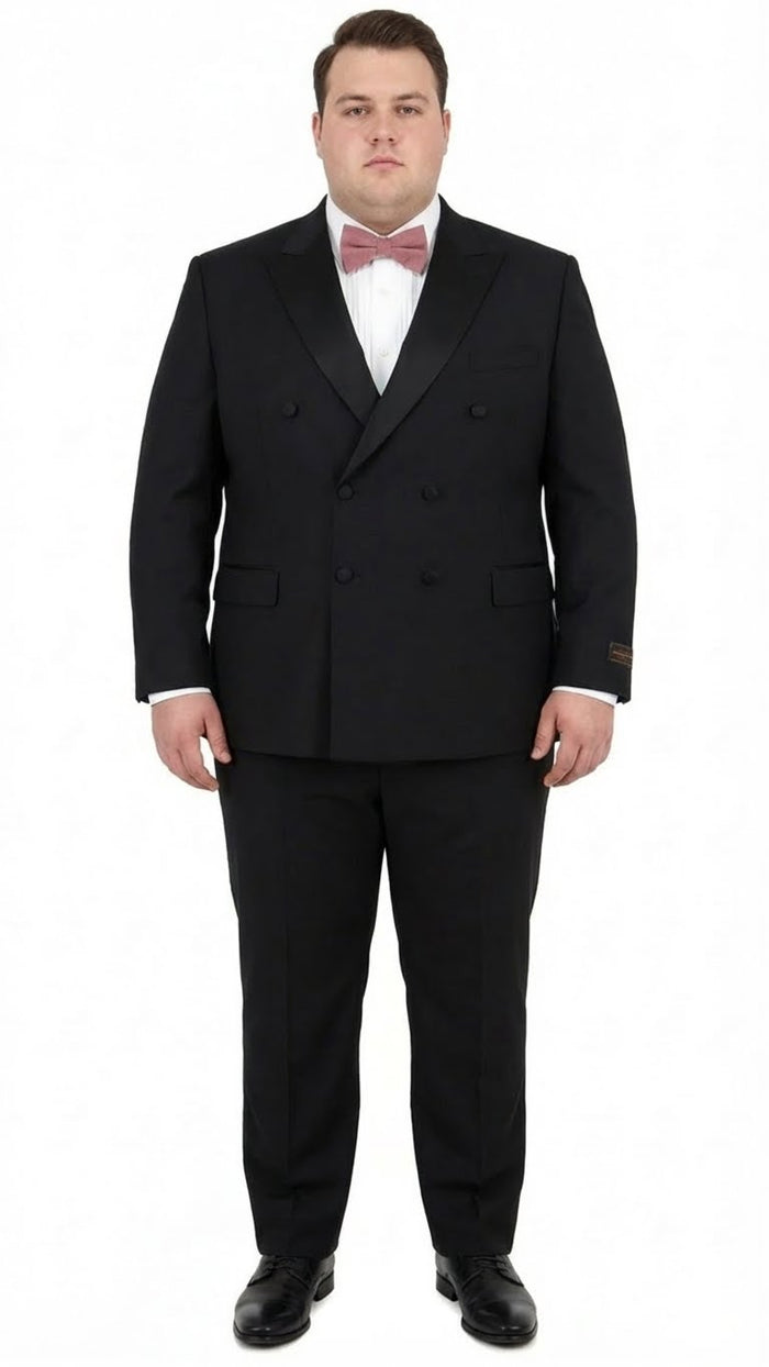 Tiglio Brand 100% Wool Super 150s Italian fabric Mens Classic Black Double-Breasted Tuxedo with Satin Peak Lapel Formal Wedding & Gala Suit Set