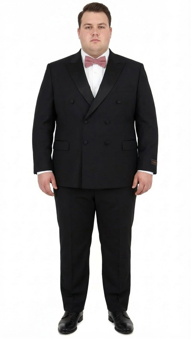 Tiglio Brand 100% Wool Super 150s Italian fabric Men’s Classic Black Double-Breasted Tuxedo with Satin Peak Lapel – Formal Wedding & Gala Suit Set - 34 Short or Extra Small