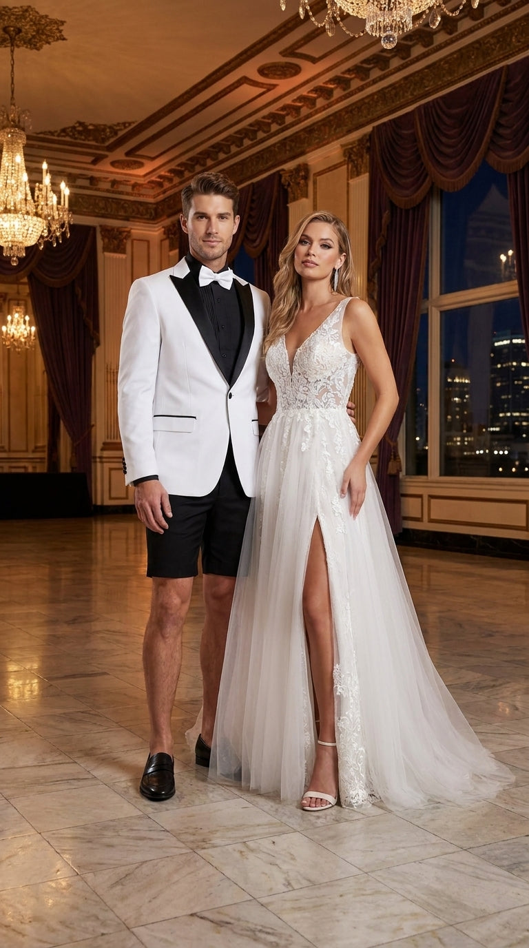 Men’s White and Black Tuxedo Suit with Shorts – Modern Formal Blazer and Short Pants Set for Wedding, Prom Suit - 34 Short or Extra Small