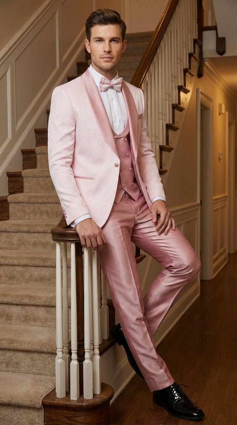 Men's Light Pink 3 Piece Tuxedo Suit Set | Shawl Lapel Formal Wedding Prom Dinner Suit in Rose Gold Color - 34 Short or Extra Small