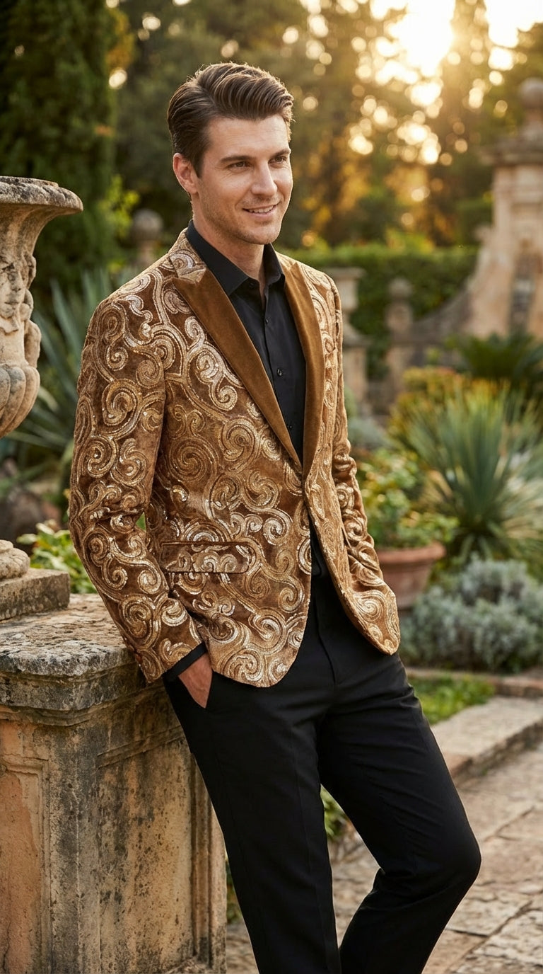Men's Light Brown & Gold Baroque Embroidered Blazer Jacket | Tuxedo Dinner Jacket - 34 Short or Extra Small