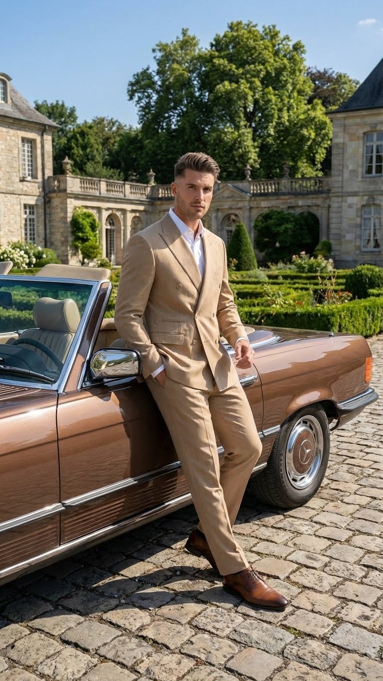 Vitali Brand Men’s Beige Double Breasted Suit – Classic Wedding, Prom & Party Wear Formal Outfit Khaki Camel Color - 34 Short or Extra Small