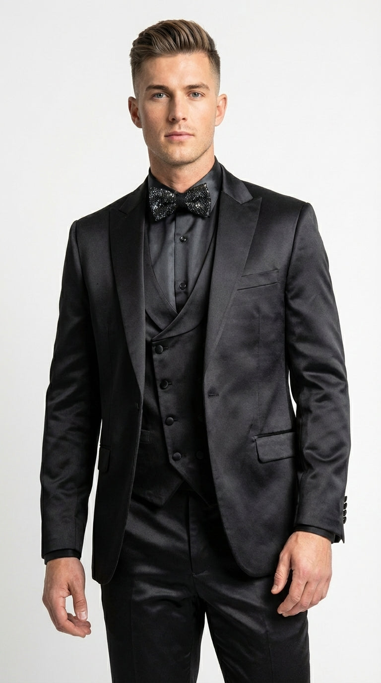 Men’s All Shiny Black Satin Suit – Black Satin Tuxedo Suit for Prom, Wedding, Formal Party and Evening Events Double breasted Vest - 34 Short or Extra Small