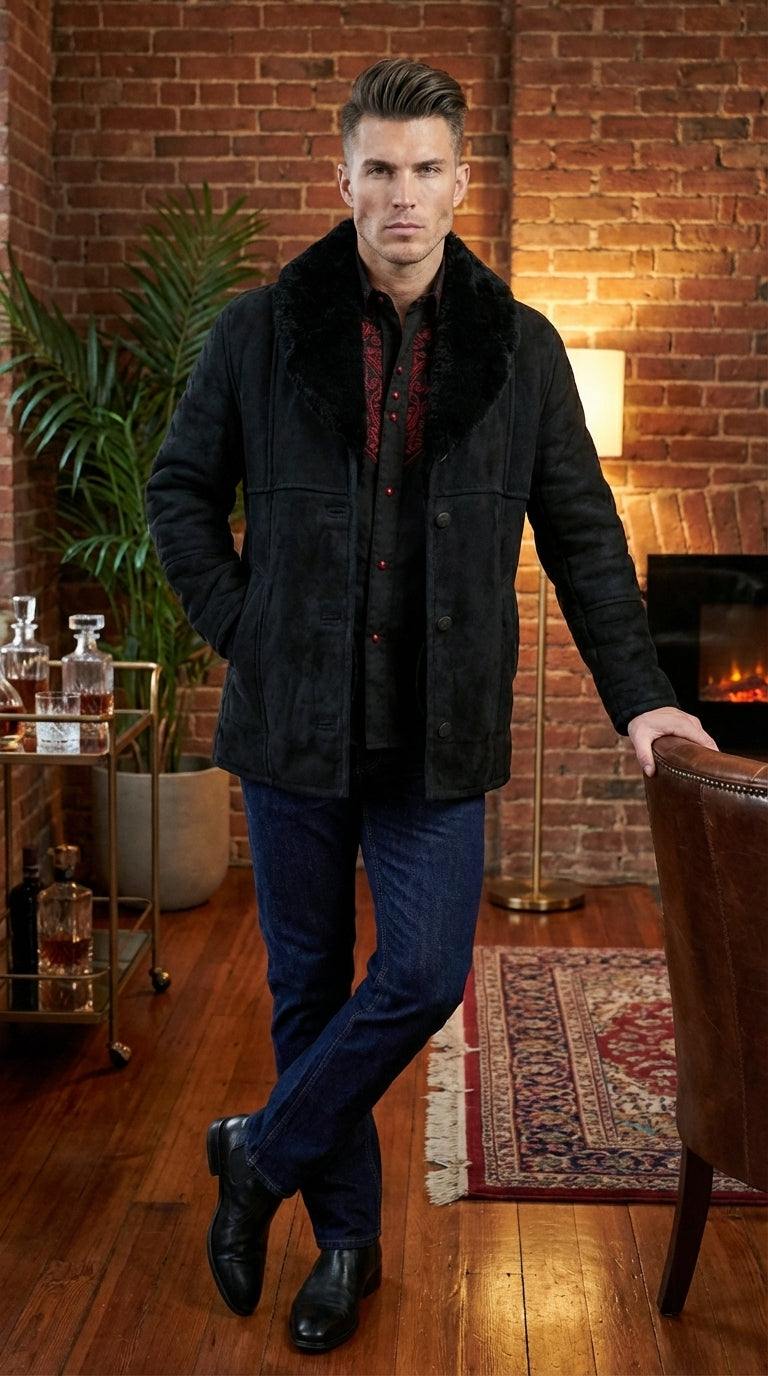 Men’s Black Sheepskin Leather Jacket Cowboy – Warm Faux Fur Collar Coat, Winter Long Jacket, Casual Western Style Outerwear - S