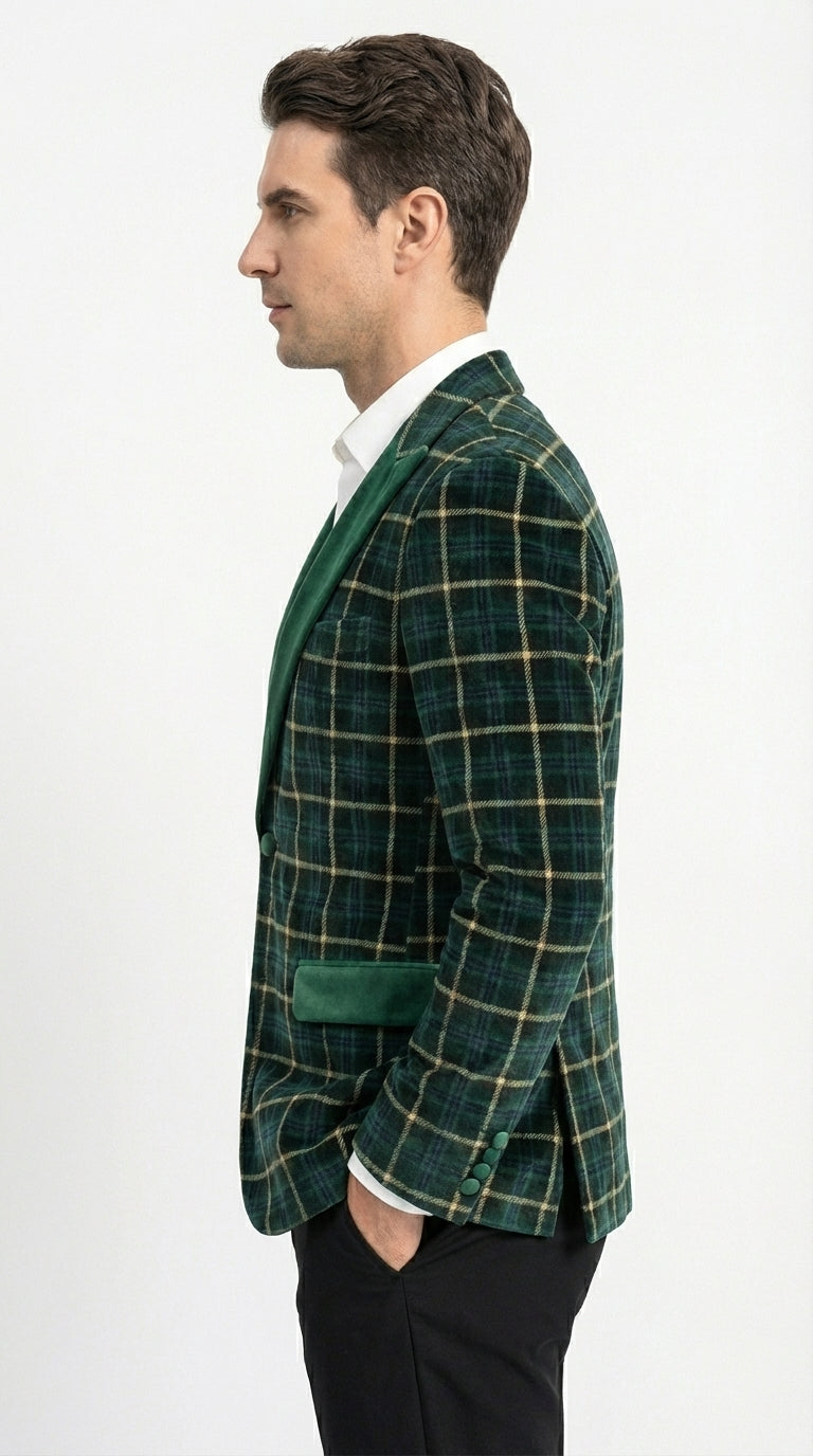 Mens Tartan Green and Gold Check Blazer – Windowpane Plaid Sport Coat Velvet Lapel Plaid Christmas Holiday New Year Jacket