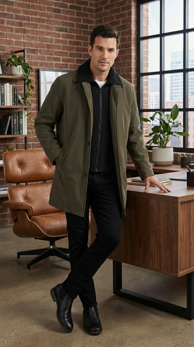 Mens Olive Brown Trench Coat Raincoat – Classic Water Resistant Long Coat with Zip and Button Closure for Business, Travel and Everyday Outerwear - Coat Size 38