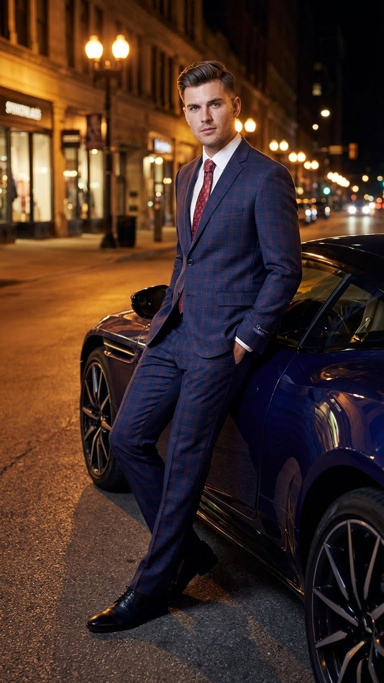 Men’s Navy Blue and Burgundy Checkered Two-Piece Suit Plaid Windowpane – Flat Front Pants or Pleated Wide Leg Pants - 100% Wool - Navy Blue and Burgundy