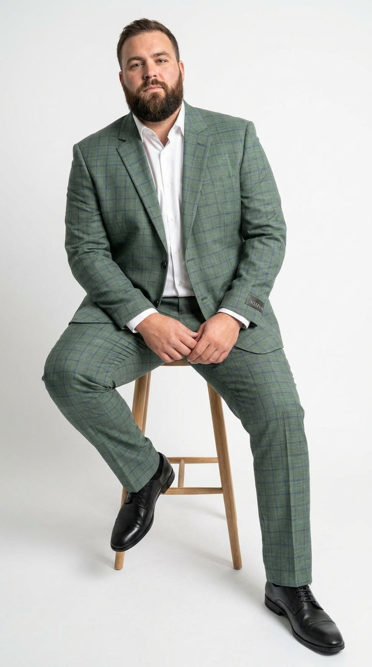 Men’s Tartan olive Green with blue checker Windowpane 2-Piece Suit – Modern Fit Plaid, Business and Formal Suit english styl - 34 Short or Extra Small
