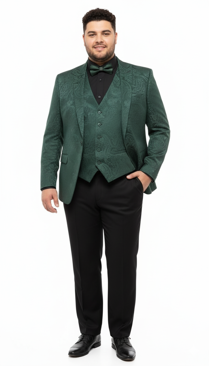 Mens Emerald Green Paisley Tuxedo 3-Piece Suit Slim Fit Formal Blazer, Vest, and Pants for Weddings, Proms