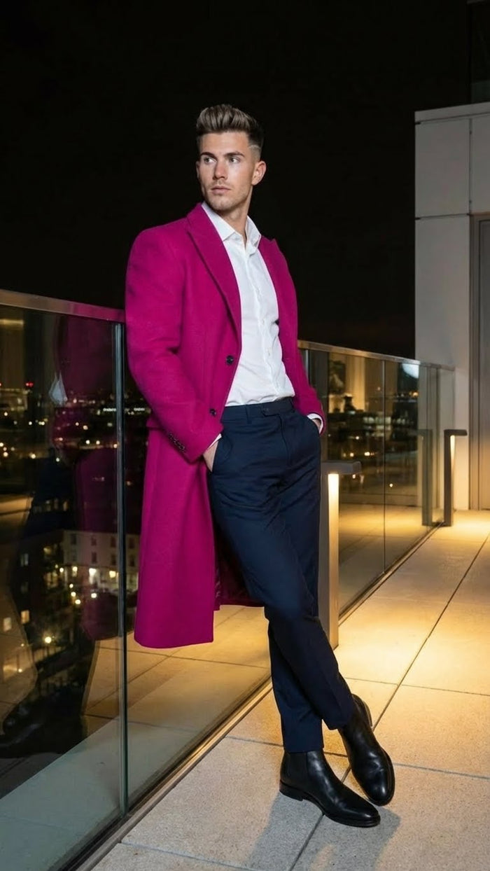 Mens Hot Pink Wool Blend Overcoat Topcoat Carcoat Winter Fabric