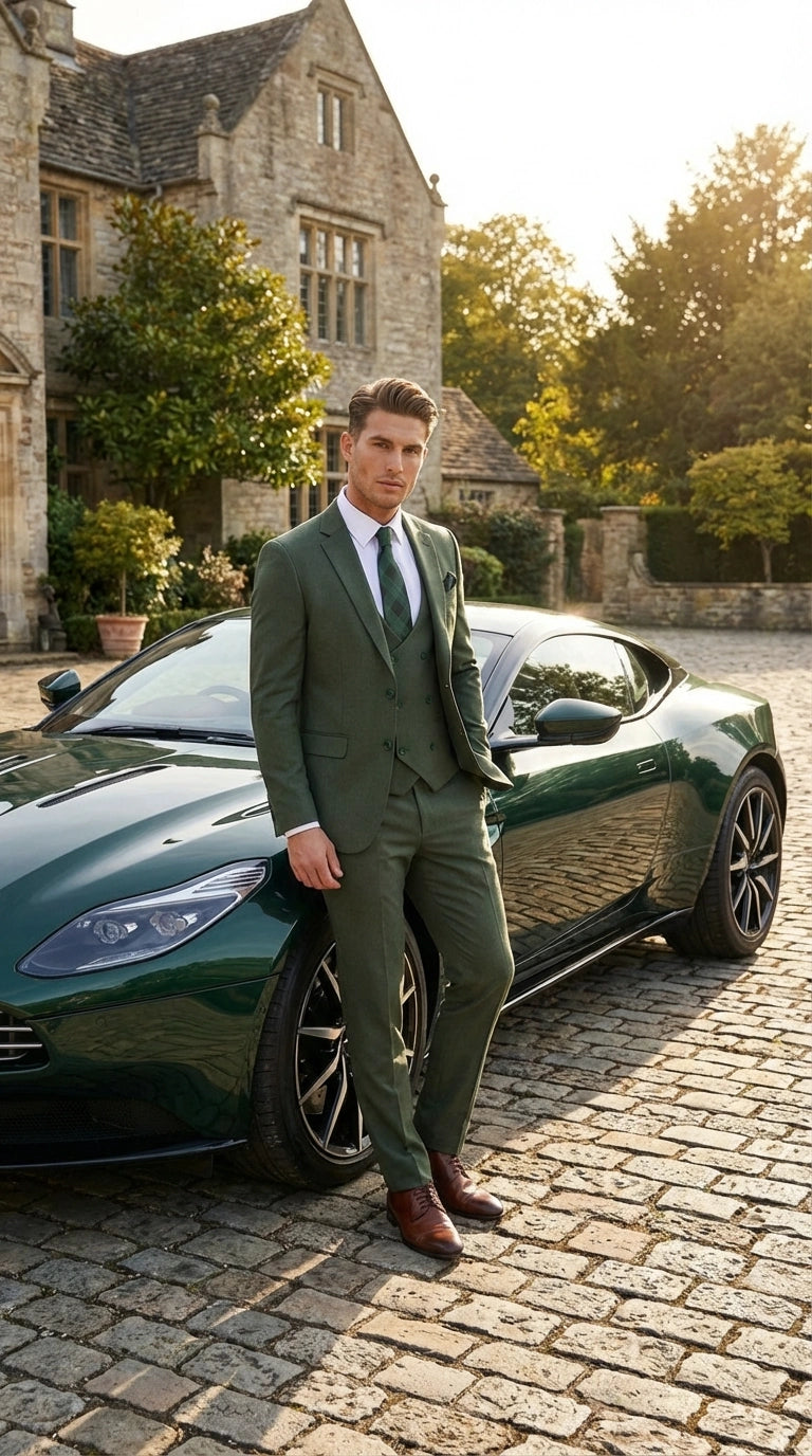 Men’s Forest Green Three Piece Suit – Double Breasted Vest Formal Wedding and Business Suit Set Olive Green Slim Fit - 34 Short or Extra Small