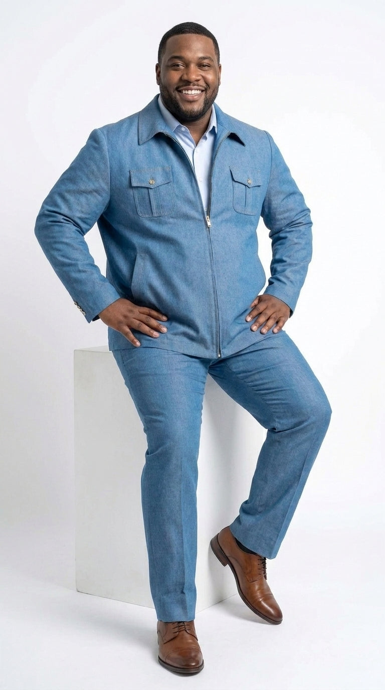 Men’s Light Blue Walking Suit – 2 Piece Casual Leisure Set with Zip Front Jacket Denim Style - Small