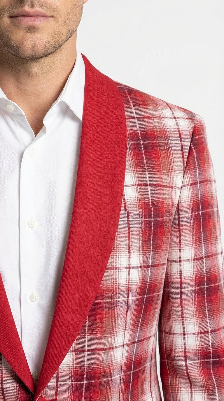 Mens Tartan Red and White Plaid Blazer – Check Pattern Sport Coat Red Shawl Lapel Party Christmas Holiday New Year - 36 Short