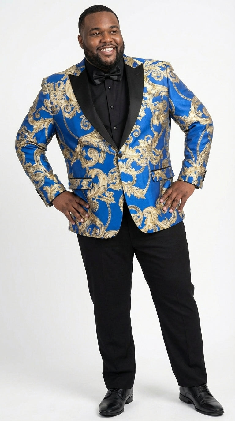 Men’s Royal Blue and Gold Blazer Jacket – Luxury Floral Pattern Tuxedo Blazer, Formal Party Wedding Dinner Jacket, Stylish Evening Wear - 36 Short