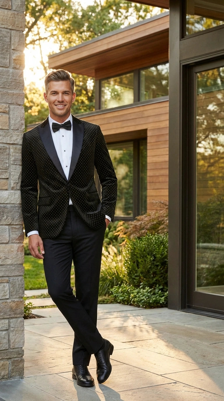 Men’s Black Velvet Dinner Jacket Blazer with Satin Lapel – Formal Evening Tuxedo Style Jacket Polk Dots Pattern + Free bowtie - 36 Short