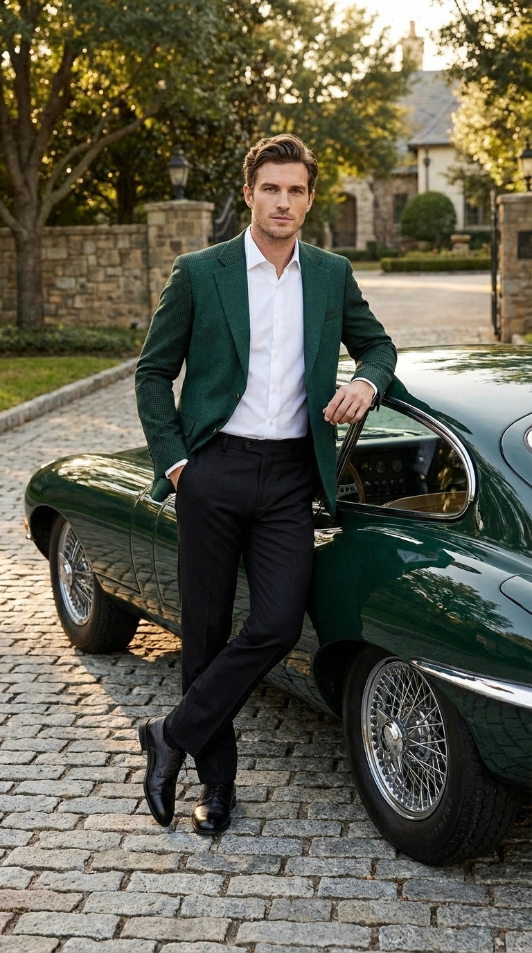 Zacchi Brand Men’s Dark Green Textured Blazer – Classic Single Button Sport Coat with Notch Lapel Formal Jacket - 36 Short