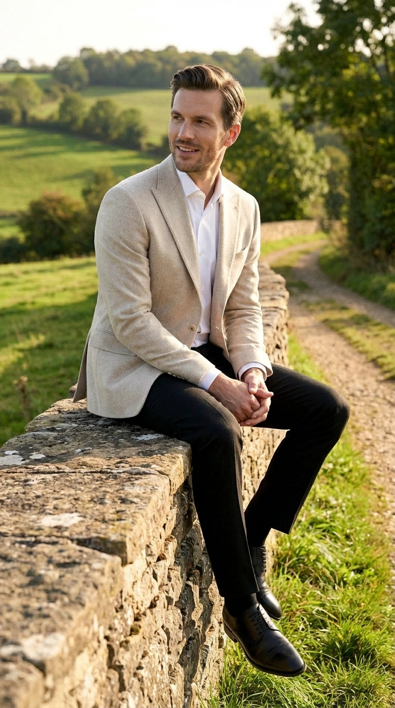 Zacchi Men’s Beige Hopsack Blazer – Classic Two Button Sport Coat with Peak Lapel Formal Jacket - 36 Short