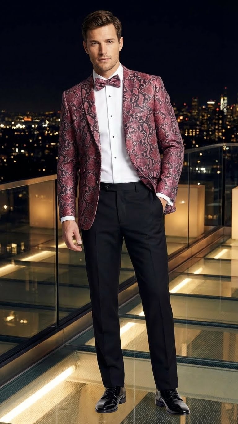 Men’s Burgundy and Black Snakeskin Print Blazer – Alligator Crocodile Sport Jacket Exotic Skin - 36 Short