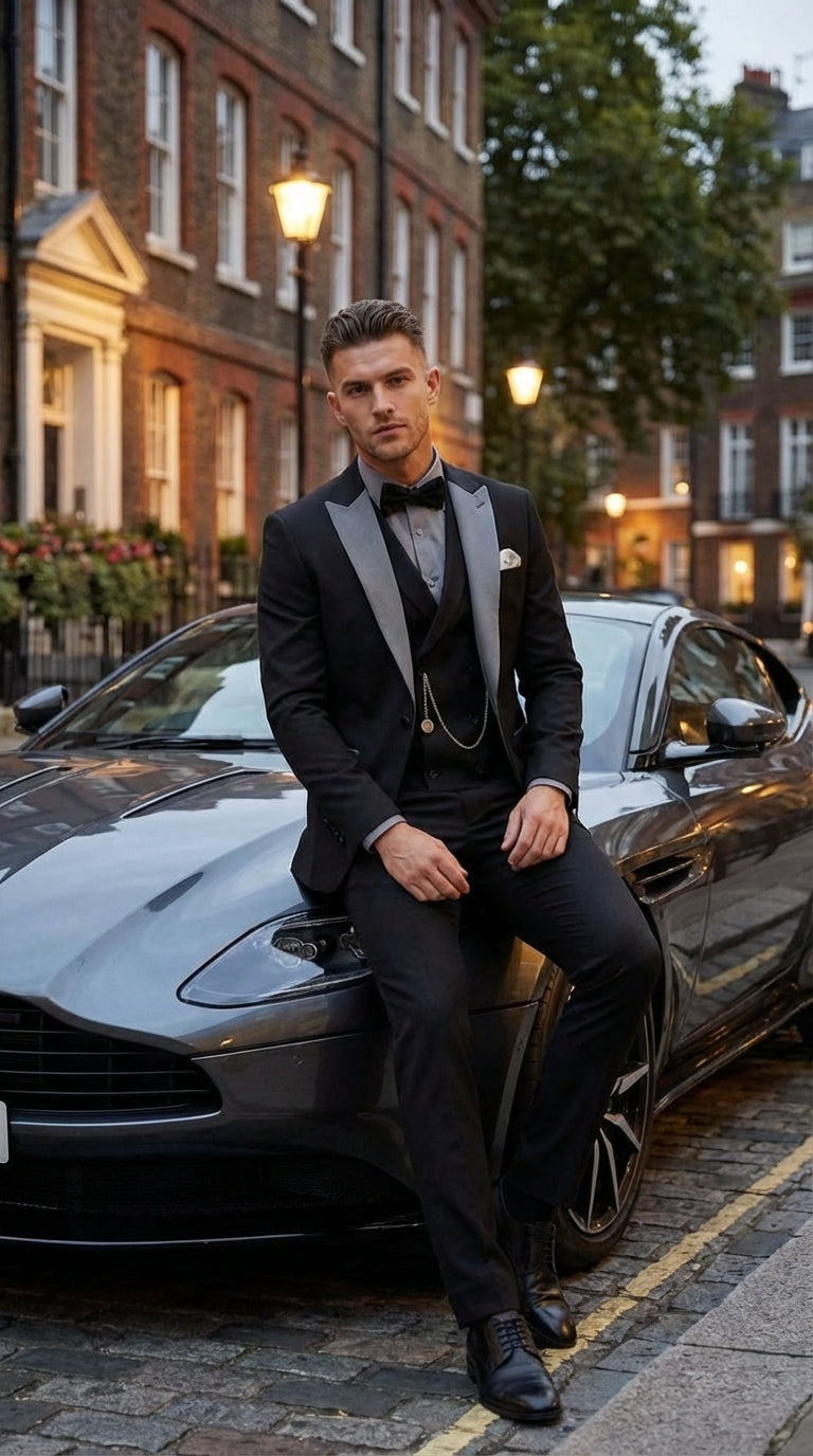 Mens Black And White Lapel 3 Piece Tuxedo Suit with Silver Gray Satin Lapel | Formal Wedding Prom Suit Set - 38 Short Jacket+32 Waist Adjustable 28to34)(Height: 5 4 to5 7 )(Neck  15-16.5)S-M)