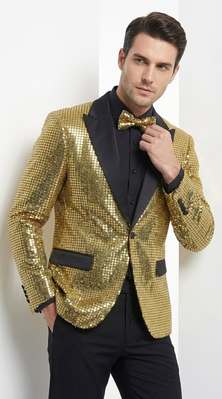 Mens Gold Sequin Blazer with Black Satin Lapel – Gold Formal Party Blazer Jacket for Prom, Wedding and Stage Events - 36 Short