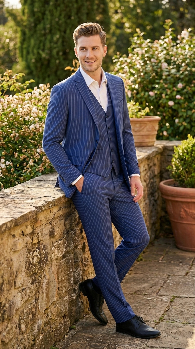 Men’s Royal Blue Pinstripe Three Piece Suit – Classic Formal 3PC Business and Wedding Suit Indigo Teal Saphire Pinstripe - 34 Short or Extra Small