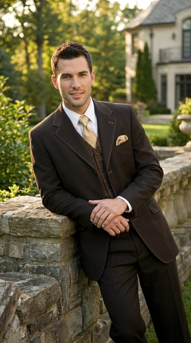 Men’s Dark choclate Brown Three Buttons 3 Piece Suit – Classic Brown 3PC Wedding, Church and Business Formal Suit for Men - 34 Short or Extra Small