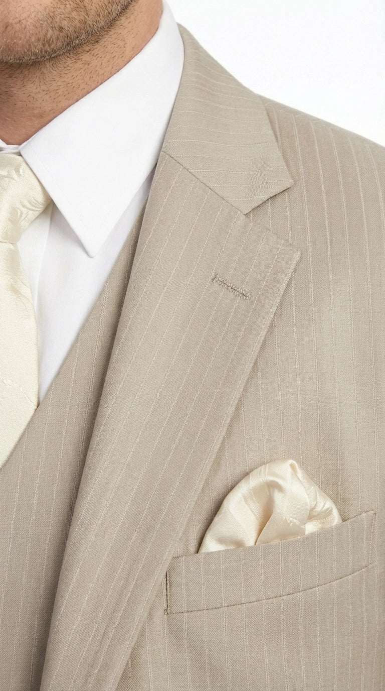 Men’s Tan Pinstripe Three Piece Suit – Classic Fit Pleated Pants  Tan Sand Beige Wedding, Church Shadow Ton on Tone  Business Suit for Men - 34 Short or Extra Small