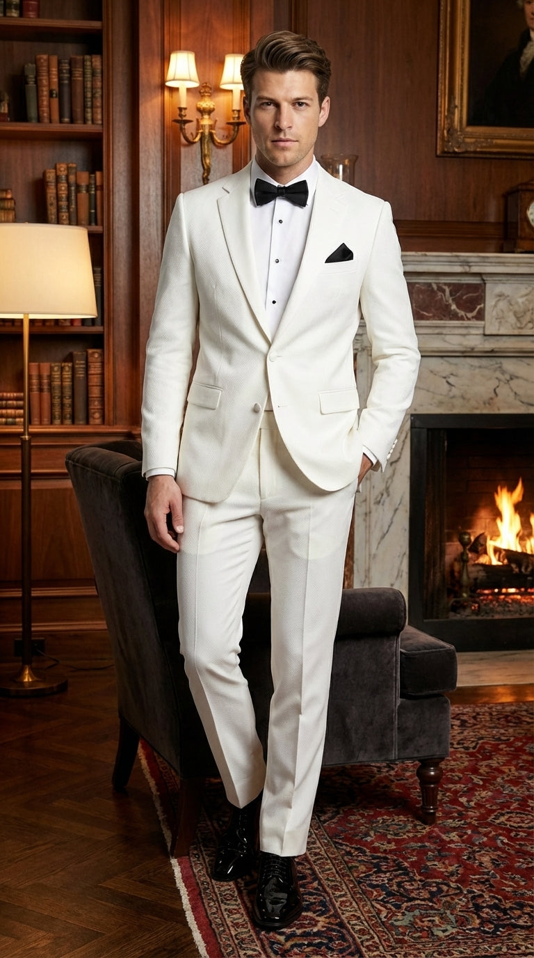 Mens White Wedding Tuxedo Suit – Formal Groom Suit Set Classic Dinner Jacket + White Tuxedo Shirt + Black Bow Tie - 34 Short or Extra Small