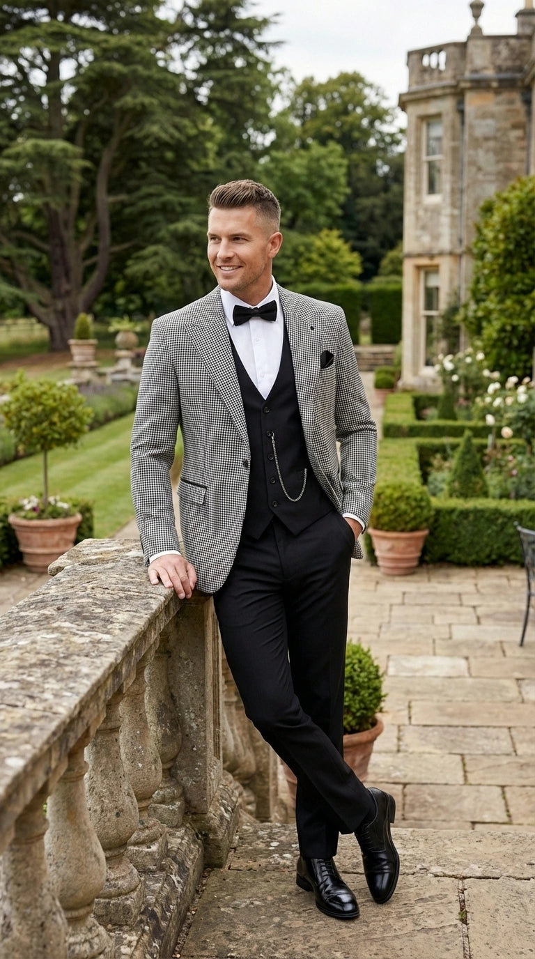Men’s Black and White Houndstooth Gatsby Inspired Suit – Vintage Style Formal Suit for Wedding, Prom and Classic Events Blazer + Black vest + Black Pants - 34 Short or Extra Small