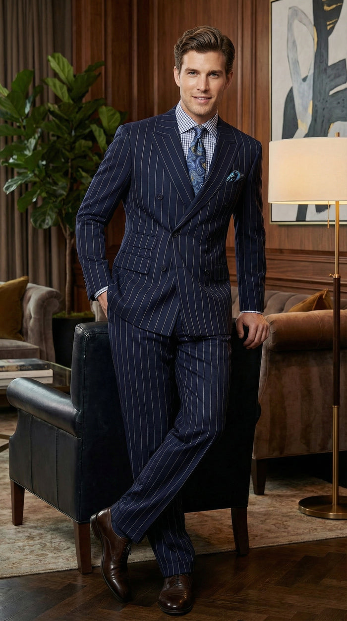Men's Navy Blue Double Breasted Pinstripe Suit Modern Fit By rossiman