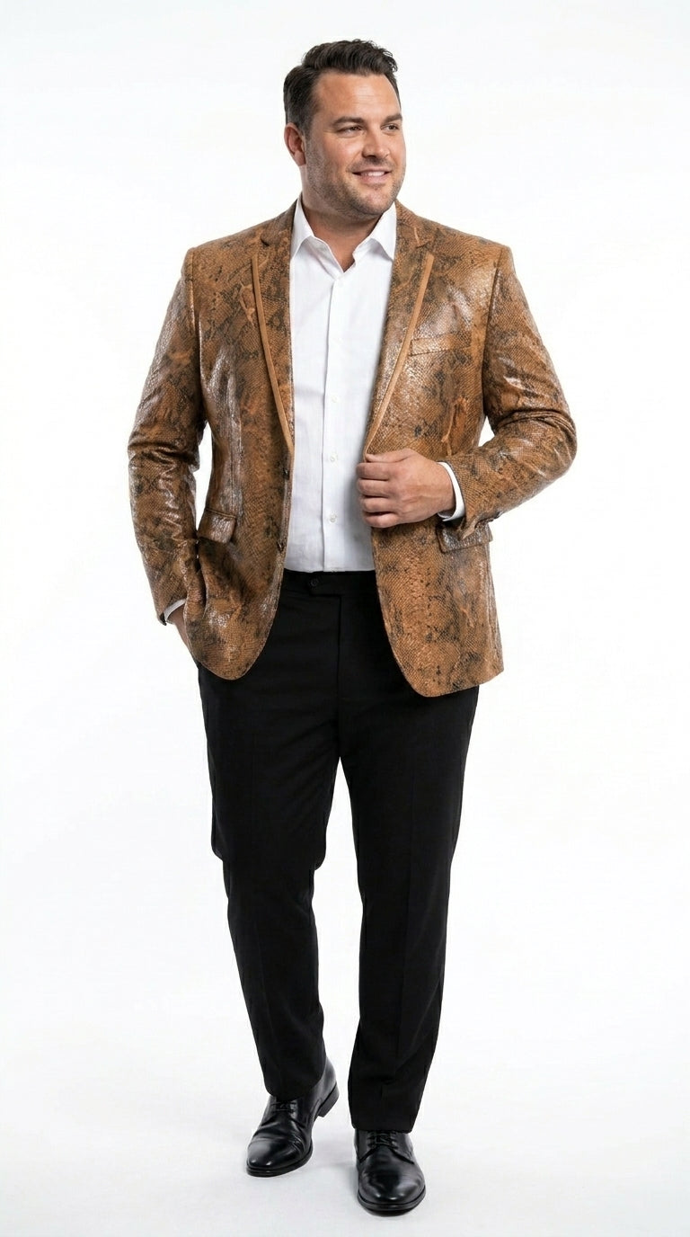 Men’s Brown Snakeskin Pattern Blazer – Stylish Exotic Print Formal Blazer Jacket for Party, Exotic Crocodile Alligator Print - 36 Short