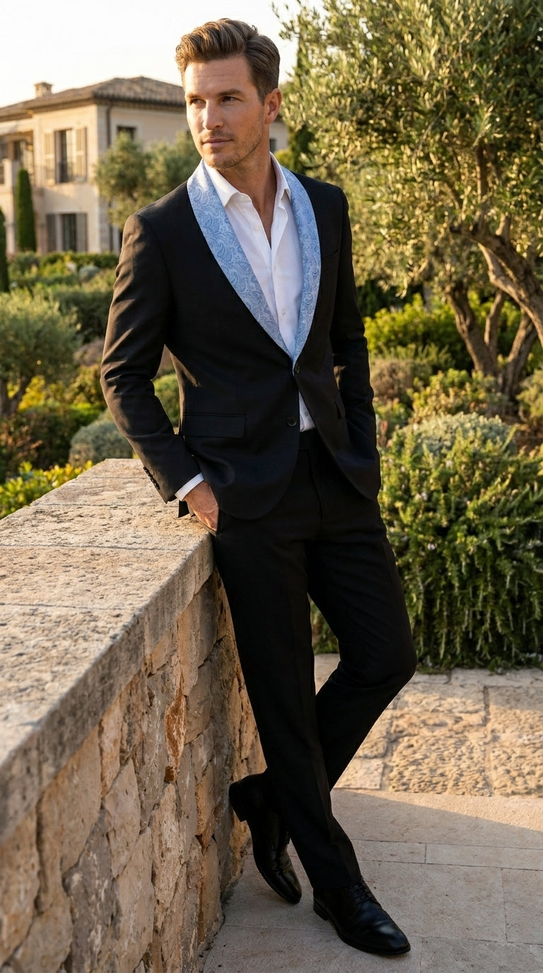 Men’s Black Suit with Light Blue Lapel – Modern Formal Tuxedo Style Suit for Wedding, Prom, Party and Sky Powder Blue Color - 34 Short or Extra Small