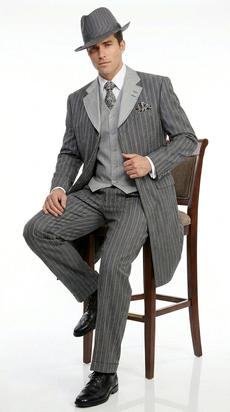 Men’s Grey Pinstripe Zoot Suit 3 Piece – 1920s Gangster Vintage Wide Lapel Suit with Vest for Wedding, Party - 34 Short or Extra Small