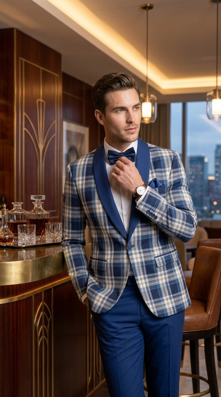 Men’s Tartan Blue Plaid and Solid Blue Tuxedo – Modern Check Pattern Formal Suit for New Year - Christmas - Holiday Jacket with Pants - 34 Short or Extra Small