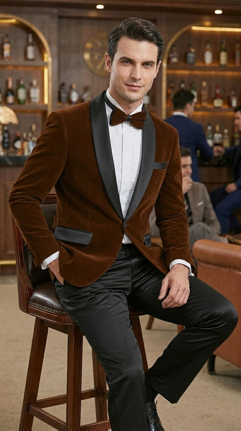 Men’s Brown Camel Bronze Velvet Tuxedo Jacket, Shawl Lapel Wedding Prom Dinner Blazer - Blazer Sportcoat - 36 Short