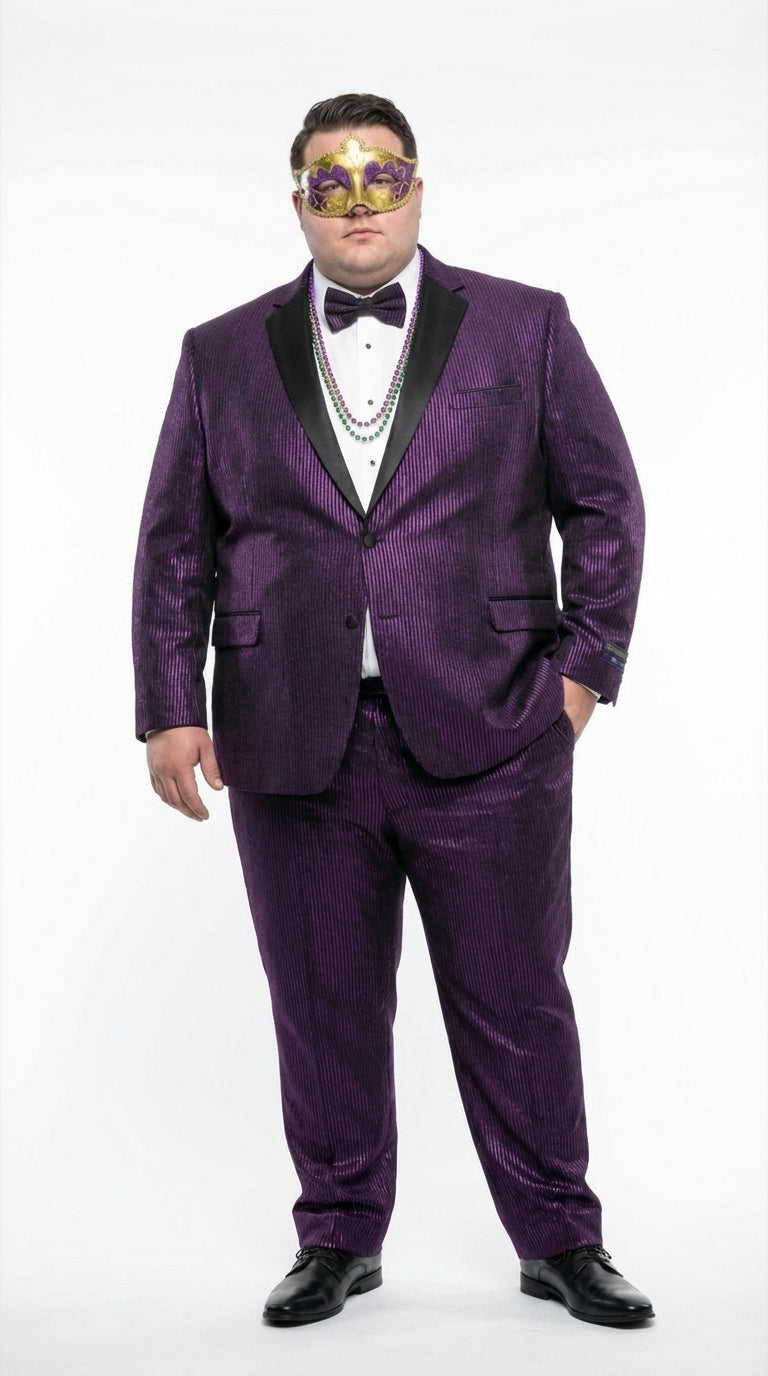 Mens Purple Shimmer Mardi Gras Suit with Black Satin Lapel Shiny Metallic Formal Party and Carnival Suit Sequin Look