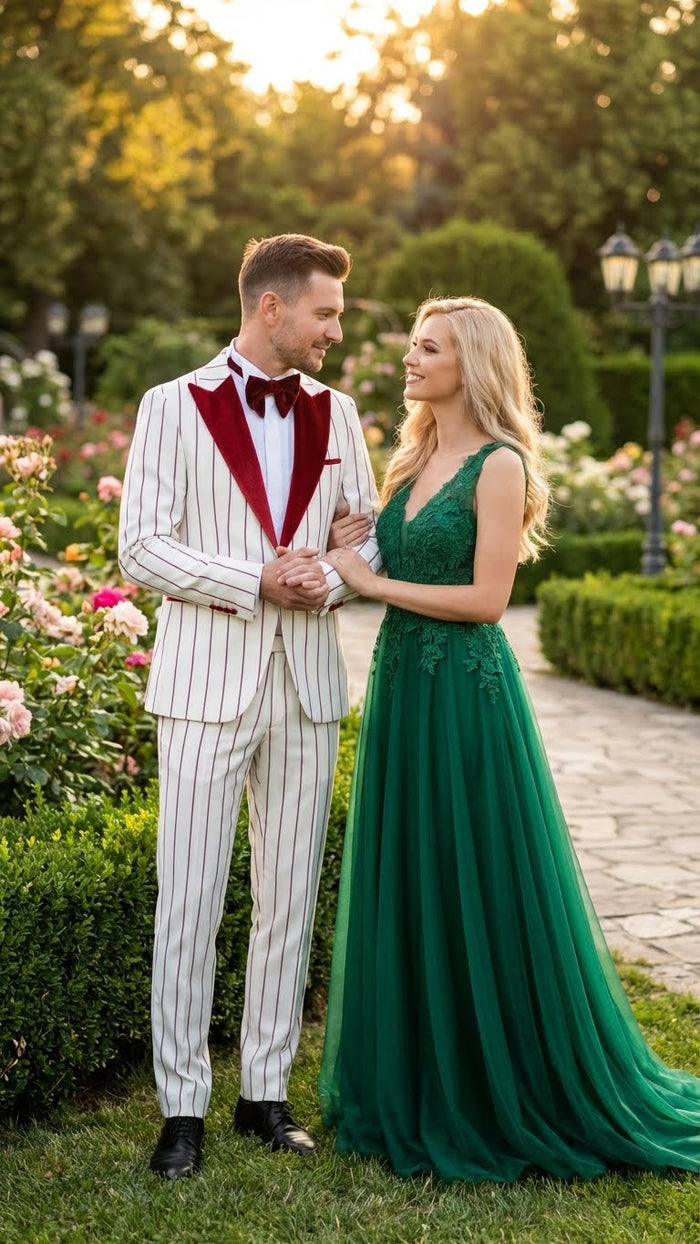 Mens White and Dark Red Pinstripe Tuxedo with Velvet Shawl Lapel Formal Dinner Blazer Prom Christmas New Year Holiday Suit
