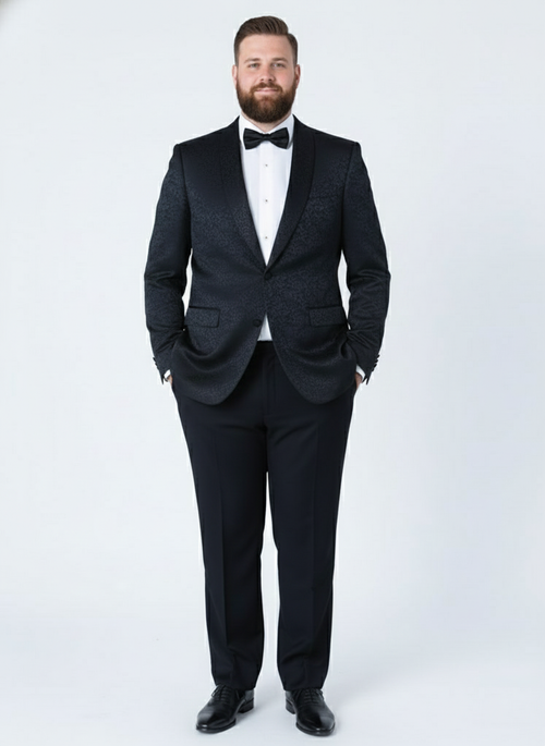Mens Black Textured Paisley floral Tuxedo Suit Premium Slim Fit Formal Wedding, Prom, with Bowtie